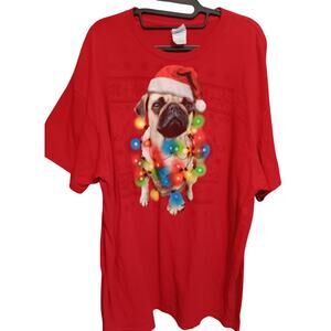 Christmas T-shirt XL Red w Pug Dog & Christmas Lights Around Dog